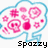 Pixelated icon with light blue outline and pink floral shapes inside, black text "spoosy" at bottom.