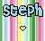 A static contact sheet of five animated frames showing a pixel art buddy icon with the name "Steph" and changing heart symbols over rainbow stripes.