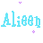 A static contact sheet of six identical frames showing a pixelated text-based icon with repeated 'Alieen' text in cyan, surrounded by small purple star-like symbols on white background.