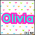 Pixelated icon with bright pink and cyan text reading 'Olivia' over a white background scattered with small colored squares.