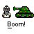 Pixel art animation of a green tank with camouflage patterns, a soldier figure, and red explosion effects, with 'Boom!' text below each frame.