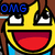 Pixelated yellow cartoon face with wide red mouth and white eyes, brown hair strands visible above head, blue text labels shifting across the image.