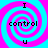 Four identical spiral patterns with alternating cyan and magenta rings, each containing text elements arranged vertically.
