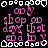 Pixelated pink text and white shapes on black background with gray rectangle, animated text changes across frames