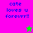 Pixelated text 'cate loves u forevrrr!!' on split background with green star and pink star icons.