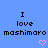 Blue background with black pixelated text reading "I love mashimaro" in two identical vertical , each with a pink pixelated heart below