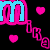 Pixelated pink and cyan text with heart symbols on a black background, featuring repeated 'm' shapes and scattered hearts.