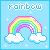 Pixel art icon with light blue background, white clouds at bottom, rainbow arching across center, and 'Rainbow' text above in pixelated letters.