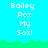 Pixelated text 'Bailey Rox My Sox!' on cyan background with green grass border, repeated in with one grayed-out section