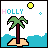 Pixel art animation of a tropical island scene with 'HOLLY' text, palm tree, sun, and water changing colors across frames.