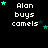 Pixelated text "Alan buys camels" on black background with teal and dark blue stars, each frame showing different star positions.