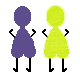 Two pixelated figures in purple and yellow stand side-by-side, then face each other with crossed arms and a small X between them before returning to original pose.