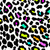 A static pattern of irregular black shapes on a white background, with scattered colored pixels in cyan, magenta, yellow, and orange.