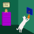 Animated sequence of a white cat reaching for an orange object near a purple cabinet and blue sign on green background.