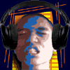 Four identical show a person wearing black over-ear headphones against a dark blue background with orange and yellow geometric shapes