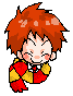 Pixel art character with spiky orange hair, red and yellow striped scarf, closed eyes, and pink cheeks in four sequential poses.