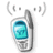 A pixelated mobile phone icon with a blue screen and signal waves, next to green text reading 'OriginalIcons.com' on dark background.