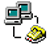 nine pixelated icons showing two desktop computers connected to a yellow telephone, with varying colored dots on the connecting lines