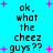 Pixelated text on cyan background with pink stars, repeating 'ok, what the cheez guys??' in black block letters.