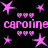 Pixelated pink text and symbols on black background with repeated 'caroline' text and star/heart motifs.