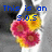 Pixelated blue text overlays a floral arrangement with red and yellow flowers on a gray background, with text changing across frames.