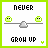 A 4-frame animated contact sheet showing pixelated green characters on a seesaw with text "NEVER GROW UP" above and below, depicting the seesaw's motion across frames.