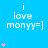 Blue background with repeated white text 'i love monyy=]' and pink heart symbols in various quantities.