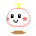 Four pixel-art frames of a round white character with pink cheeks, black square eyes, and yellow top-tube on gray background.