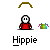 Pixel art character in red clothing with white face and black outline, holding a colorful striped object under brown arched hair, labeled 'Hippie' below.