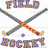 Pixelated graphic with crossed hockey sticks, a small blue ball, and text reading FIELD above and HOCKEY below on white background; adjacent pink displays green 'i love' text