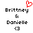 Pixelated text displays 'Brittney & Danielle' with a heart symbol above and a heart emoji below, all in black and red on white background.