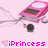 Pixelated pink car with brown interior and black wheel on light pink background, with 'iPrincess' text and heart symbol below.