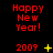 Red 'Happy New Year!' text and '2009' with yellow symbols on black background, showing animation changes across frames.