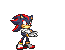 Pixel art character with dark blue and red spines, white gloves, yellow shoes with red accents, standing in multiple poses against gray background.