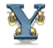 Blue letter Y with golden bells on both sides, arranged in two of three identical frames