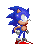 Pixelated blue hedgehog character with red shoes and white gloves in multiple poses against gray background.
