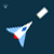 A pixelated rocket with blue, white, and red sections flies against a dark blue background, emitting a white trail and leaving a small light spot behind.