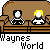Pixel art of two figures on a brown couch with text bubbles and repeated 'Waynes World' labels, showing animation changes in speech bubbles.