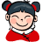 Pixelated cartoon-style icon of a smiling girl with dark blue hair in two buns tied with red bands, wearing a red top over white collar.