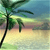 Pixelated beach scene with palm tree, sunset sky, and calm water.