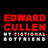 Red pixelated text on black background reads 'EDWARD CULLEN' above smaller white text, with red phrases scattered around.