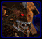 Animated sequence of a brown, armored figure with glowing red eyes and metallic teeth against dark blue background.