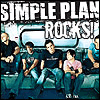 Group of people seated on a bench with 'SIMPLE PLAN ROCKS!' text above, showing two versions where the word 'ROCKS' changes from white to black.