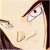 Pixelated close-up of a stylized face with dark hair, a single visible eye, and a curved line suggesting a mouth on a light background.