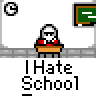 Animated contact sheet showing 25 sampled frames of a pixel art school-themed buddy icon with repeated "I Hate School" text and evolving student actions across multiple scenes.