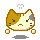 Pixelated cat face with brown and white fur, gray ear patch, black eyes, small nose, whiskers, floating above two light brown squares on a gray background.