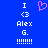 Blue background displays white text and symbols including 'I', '<3', 'Alex', 'G.', and multiple exclamation marks, with a pink pixelated heart symbol above the left text block.
