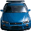 Static pixelated image of a blue car's front view with visible headlights, grille, and side mirrors against a gray background.