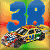 Pixelated static icon featuring large blue numerals "38" above a colorful race car on a gradient background with orange, yellow, and green tones.