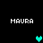 Four identical pixelated 'MAURA' text blocks surround a single cyan heart that shifts position across frames on black background.